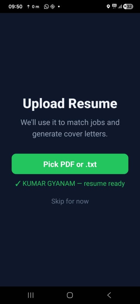 Resume upload screenshot placeholder